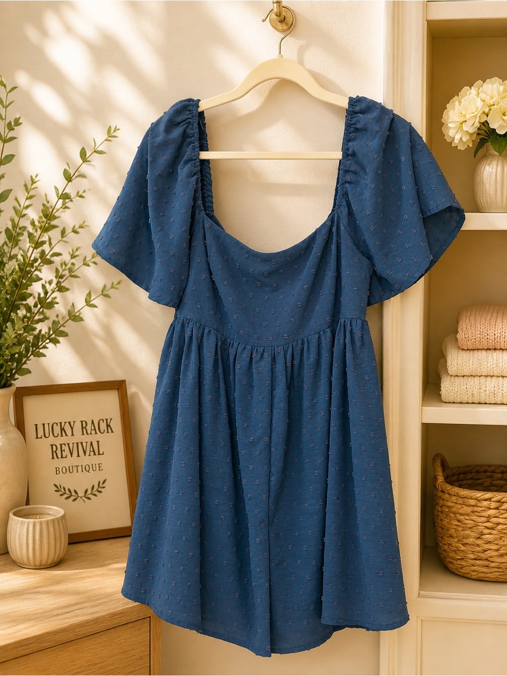 Altar'd State Dusty Blue Swiss Dot Babydoll Romper